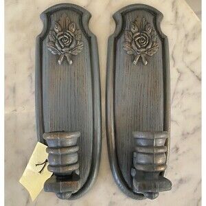 Vintage Burwood Wall Sconces Candle Holder Faux Wood Roses Cottagecore French